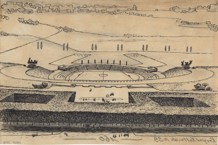 Szkic architektoniczny na kalce. Widok z lotu ptaka przedstawia kompleks sportowo-parkowy. 
Centralnie owalny stadion, otoczony ogrodem z wodnymi zbiornikami, przyciętymi 
geometrycznie krzewami i aleją drzew. W tle rozległy krajobraz.